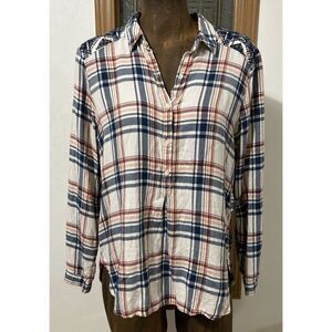 Lucky Brand Shirt Women's Medium Embroidered Plaid Buttons Western